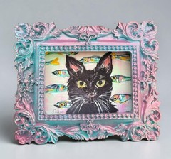 Cat & Sardines mini watercolor print of original painting • vintage ornate frame