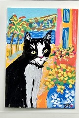 Original ACEO BlackWhite Cat Beach Palm Trees Sea Whimsical Maria Rico“BOWTIE“