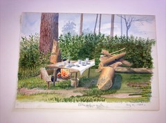 Antique 1888 American School Brule River Camp Picnic Watercolor 19thc