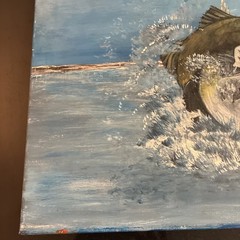 Large mouth Bass Jumping, Acrylic On Canvas, 16×20 Signed