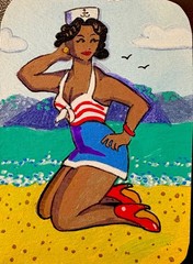 ACEO Original Pinup Sailor On Beach Acrylic on Paper 2.5×3.5 by BrieMcDoodles