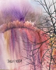 7X10” Original Watercolor Pamela Wilhelm Waterfall Sunset Red Pink Gnarled Tree