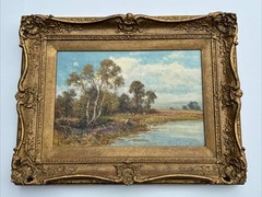 ANTIQUE PAINTING LANDSCAPE LAKE WITH FIGURE IMPRESSIONIST LISTED 1910’S SIGNED