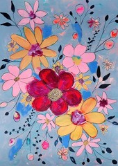 Original Abstract 18×24 Botanical Flower Acrylic Painting Signed Bold Wall Art