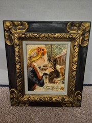 Vintage 17×15 Impressionist Style Girl With Dog Textured Art Ornate Gold Frame