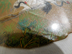 HAND PAINTED LEAF ~ PICTURE w WOODEN FRAME ~ asian artwork art Bird Stork Crane