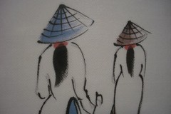 Original Watercolor on Silk Three Vietnamese Women Signed by Artist