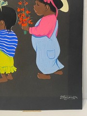 Vintage Luis Betanzos Gouache on Paper Mexican Children Flowers Colorful Mexico