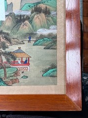 c.1950 Chinese Republic Silk Painting Mountain River Landscape w Figures, Signed