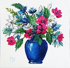 Floral Bouquet Painting Original Oil Artwork Hand Made 8×8 inc. Pink Flowers