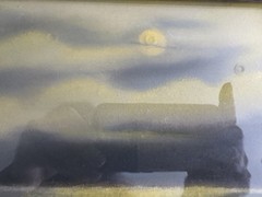Atq Orig Gouache Painting Old Nocturne Yellow Sun/Moonlight Seascap Ocean Signed