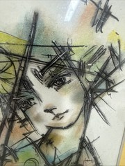Artist Dibuso Abstract Girl Mixed Media Water Color Pen Framed Signed 2016