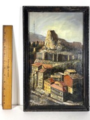 Mid Century Modern Vertical Oil Masonite Impasto Cityscape Painting Tblisi Frame