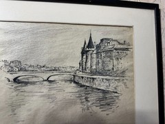 Dines Carlsen (1901 – 1966) „Palais de Justice From Pont Neuf“ Charcoal Drawing