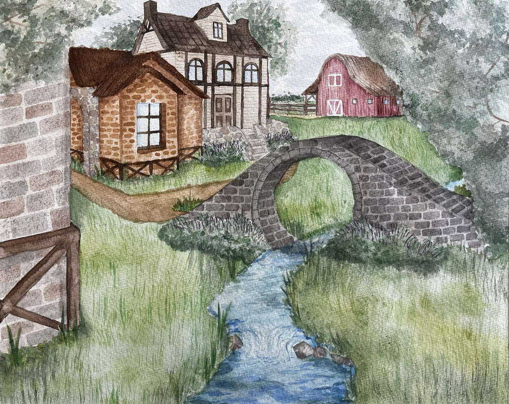 Watercolor Landscape Painting with Barns, Bridge, Stream, and Houses