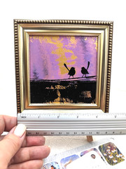 Original Oil Painting 4×4 in Framed Signed Little Birds Gold Home Decor Wall Art