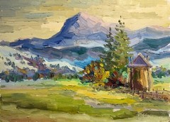 Oil painting Carpathian village Ukrainian painter Cardboard original landscape
