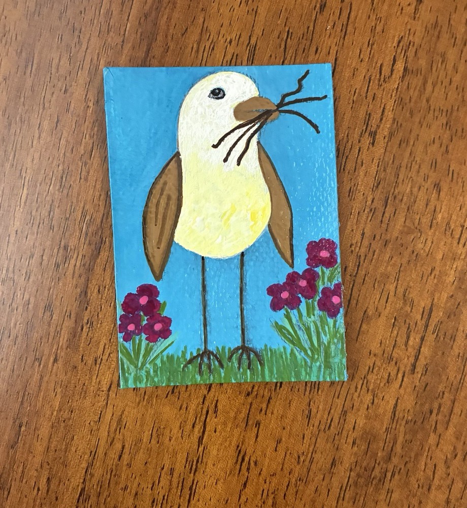 ACEO Original Acrylic Bird Painting 2.5 X 3.5”. ~ Twigs & Blossoms