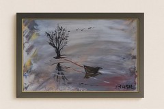 Original 11×14 Acrylic Landscape on Paper Lone Tree Boat Reflection Art