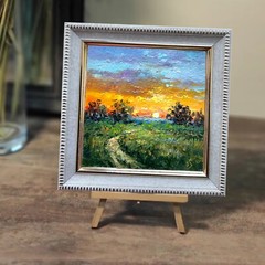 Original Oil Painting Evening Sunset Field 4x4in Signed Small Wall Art