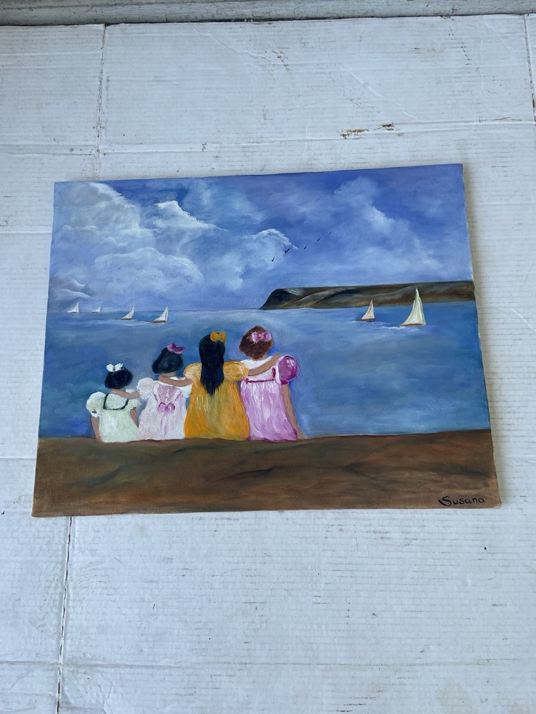 Art Original Oil Painting Size 18”Tall X 20” Wide. Ocean scenery with four girl