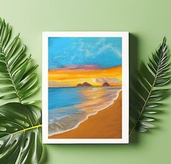 Seascape Painting Tropical Seaside Sunset Beach Original Oil Pastel 8х11″