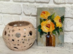 Original Oil Painting Yellow Blooming Roses Flowers Still life Signed Art 5.5×8