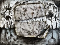 Broken life, conceptual artwork, mixed media painting, interior art, gray black