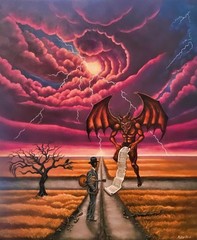 Original Robert Johnson Devil Crossroads Surreal Fantasy Folk Painting 20 x 24
