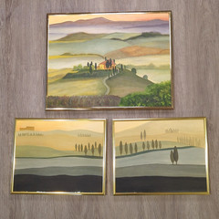 Set of 3 Original Oil on canvas Landscape Paintings Tuscany Trees Hills Signed