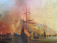 19th Theodore GUDIN – Antique Old Master Oil – Fire by the Coast – Boat and Ship