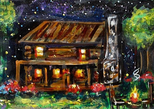 ACEO Original PAINTING Summer CABIN Flowers Fire Night Stars Landscape ATC ART
