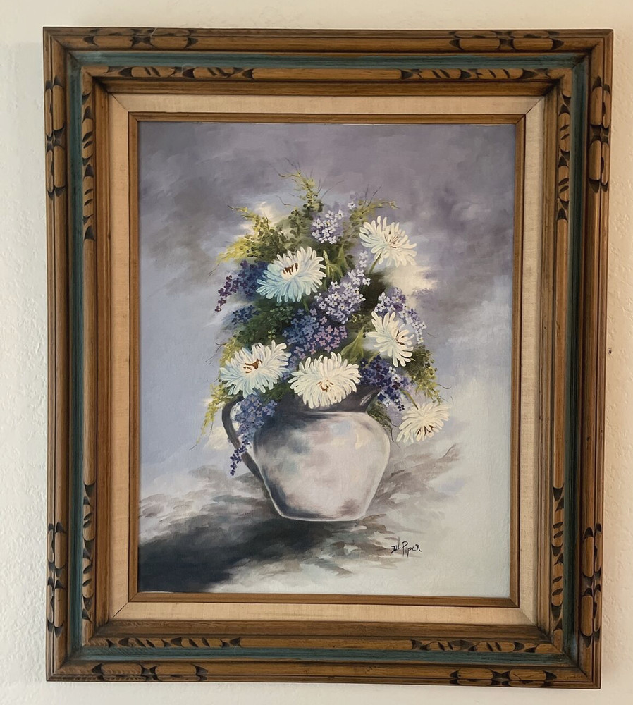 Vintage Original Painting Mums & Lilacs Floral Still Life signed framed 23×27.5″