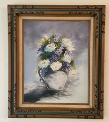 Vintage Original Painting Mums & Lilacs Floral Still Life signed framed 23×27.5″