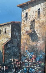 Antique ITALIAN LAKE LANDSCAPE VILLA SIGNED R.BURTON OIL PAINTING, Large 44”x32