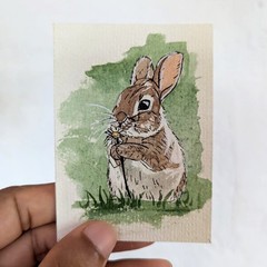 ACEO Original OOAK Painting Bunny Rabbit Daisy Flower Woodland Watercolor Art