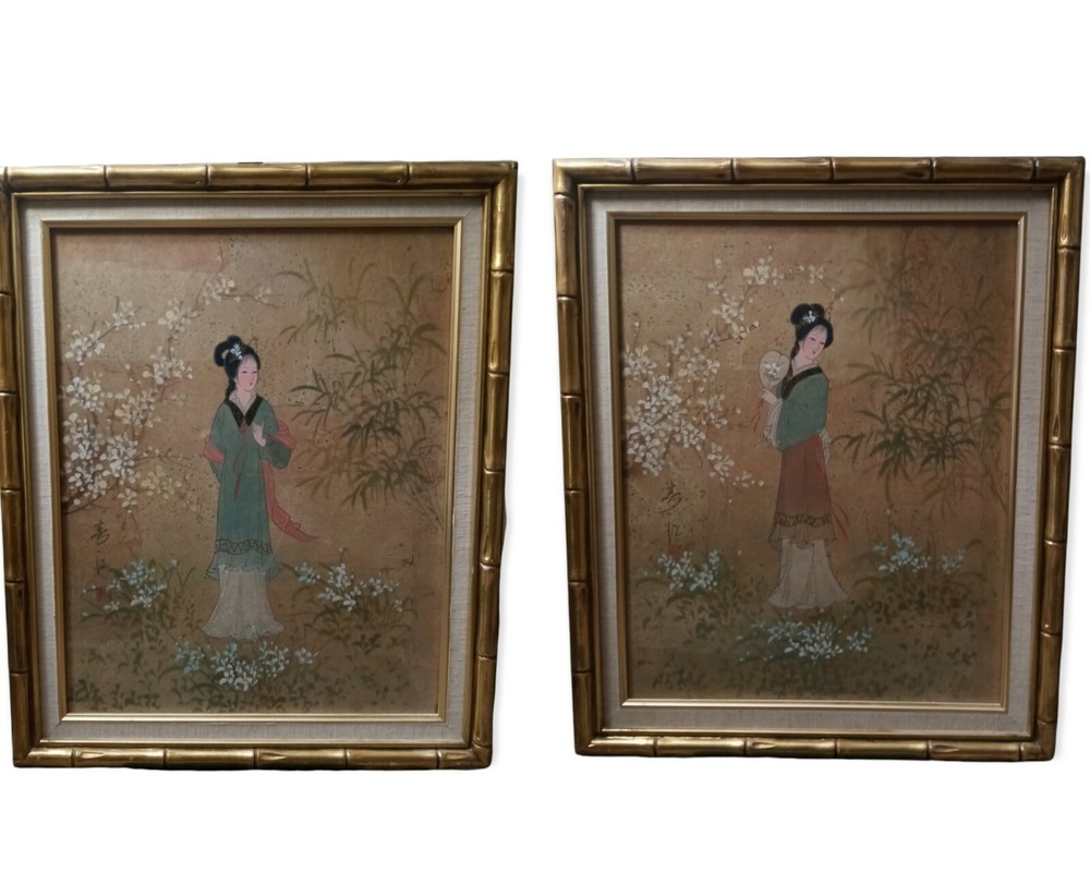 PAIR JAPANESE GEISHA WOMEN AND GARDEN PAINTING SIGNED