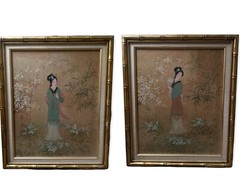 PAIR JAPANESE GEISHA WOMEN AND GARDEN PAINTING SIGNED
