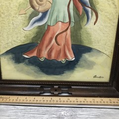 Watercolor Mid Century Painting Asian Japanese Lady in Kimono Ornate Wood Frame