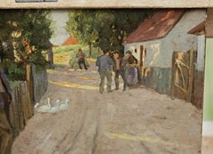 Rural Village Scene with Figures and Geese Oil on Cardboard Signed Painting