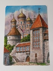 Vintage Mid Century Original Signed Watercolor Pen Sketch Russia Landmark Art
