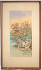 Antique Mary Johnston Painting North Branch Susquehanna River PA, Log Cabin 1860