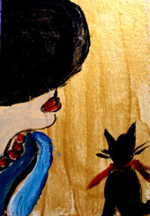 ORIGINAL ACEO PAINTING WOMAN CAT BLACK KITTEN Miniature Card