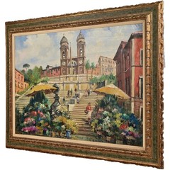 MONTESI Original Vintage Signed Italy Cityscape Figure Illustration Oil Painting