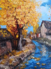 Original Oil Painting in a Frame Miniature 4х6 in Autumn River Nature Scenery