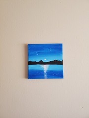 Handmade Acrylic Painting Wooden Frame 10×10 Art Decor Night Mountains Moon Lake