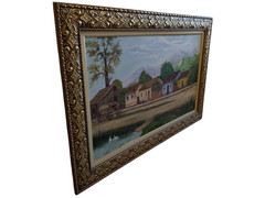 Handmade Oil Painting – Colonial Village Landscape with Mountains and Lake