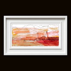 Sunset Lighthouse Original 7×15 Watercolor Painting Signed Wall Art Home Decor