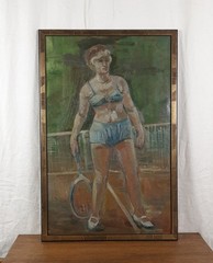 1977 Female Tennis Player Oil Painting Vintage Sports Portrait Art Sokolova