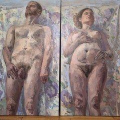 2 Original Contemporary Figurative Matching Oil Paintings Unsigned Nude Couple